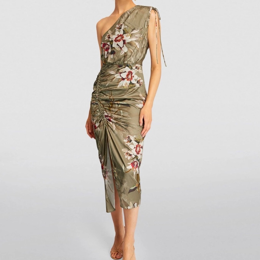 All Saints Olive Floral One-Shoulder Midi Dress